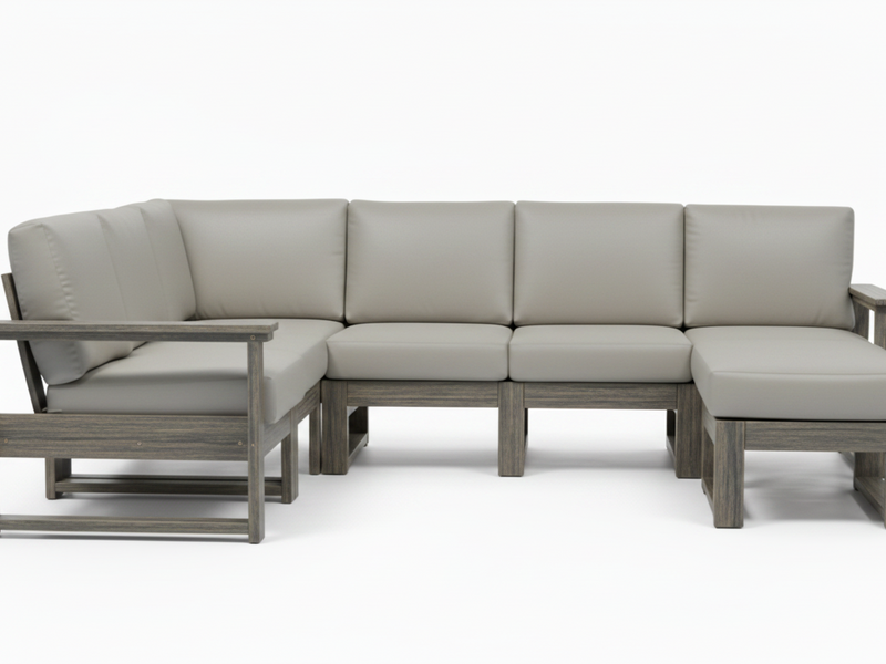 A modern outdoor sectional sofa with light taupe cushions and weathered gray-brown wooden frames, shown against a plain white studio background.