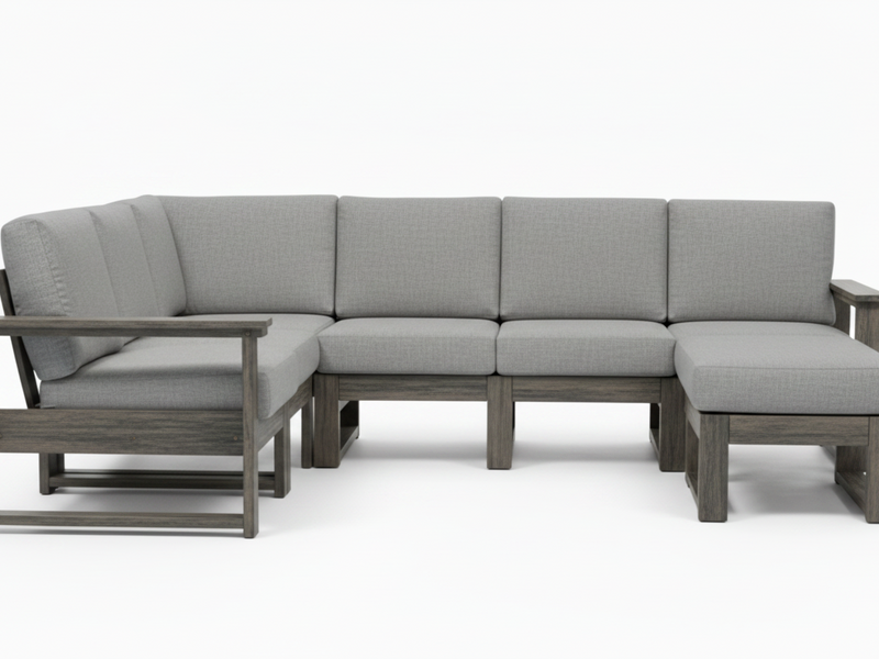 A 5-piece outdoor sectional sofa with light gray textured cushions and a weathered gray-brown wooden frame, shown against a plain white background.