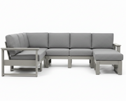 A modern outdoor sectional sofa with a left-facing chaise lounge, featuring light gray textured cushions and a light gray frame, shown against a plain white background.