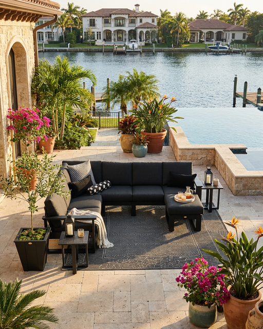 A black outdoor sectional sofa set with matching ottoman and side tables arranged on a stone patio overlooking a waterfront with houses and palm trees in the background.