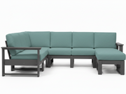 A 5-piece outdoor sectional sofa set with a left-facing armchair and a chaise lounge, featuring sage green cushions and a dark gray frame, shown against a plain white background.
