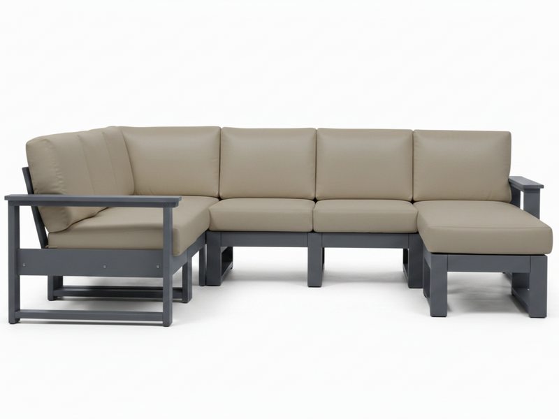 A modern outdoor sectional sofa with beige cushions and a dark gray frame, shown against a plain white background.