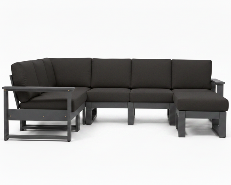 A modern outdoor sectional sofa set with a left-facing chaise lounge, a three-seat sofa, and a right-facing ottoman, all in dark charcoal gray fabric with a matching dark gray frame, shown against a plain white background.