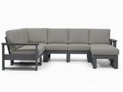 A modern outdoor sectional sofa with a left-facing chaise lounge, upholstered in textured light gray fabric with a dark gray frame, shown against a plain white background.