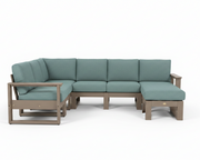 A 5-piece outdoor sectional sofa set with sage green cushions and a weather-resistant taupe-brown frame, shown on a solid white background.