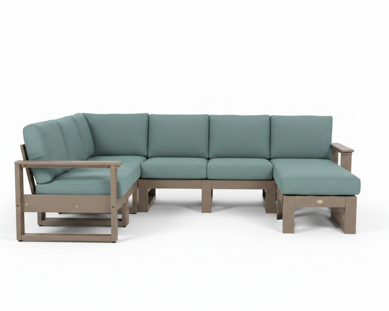 A 5-piece outdoor sectional sofa set with sage green cushions and a weather-resistant taupe-brown frame, shown on a solid white background.