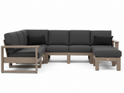 A modern outdoor sectional sofa with dark gray cushions and a light brown frame, shown on a clean white background. The set includes a chaise lounge on the left, a center three-seater section, and a right-facing chaise ottoman.