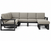 A modern outdoor sectional sofa with light beige textured cushions and a black frame, featuring a left-facing chaise lounge and a right-facing chaise ottoman, shown against a plain white background.