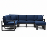 A modern outdoor sectional sofa with deep navy blue cushions and a black metal frame, shown against a solid white background.