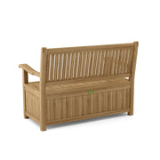 Back view of the teak del-amo storage bench on white background.  
