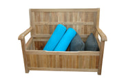 Teak del-amo storage bench, open with pillows on a white background. 