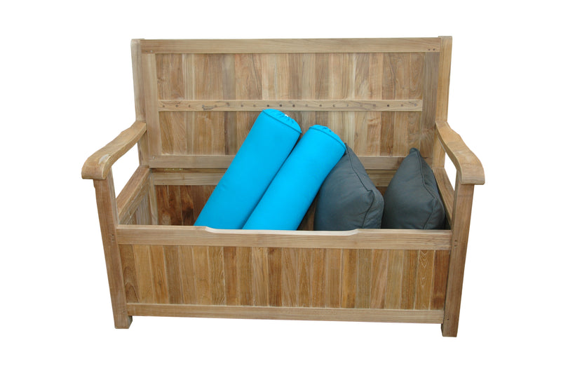 Teak del-amo storage bench, open with pillows on a white background. 