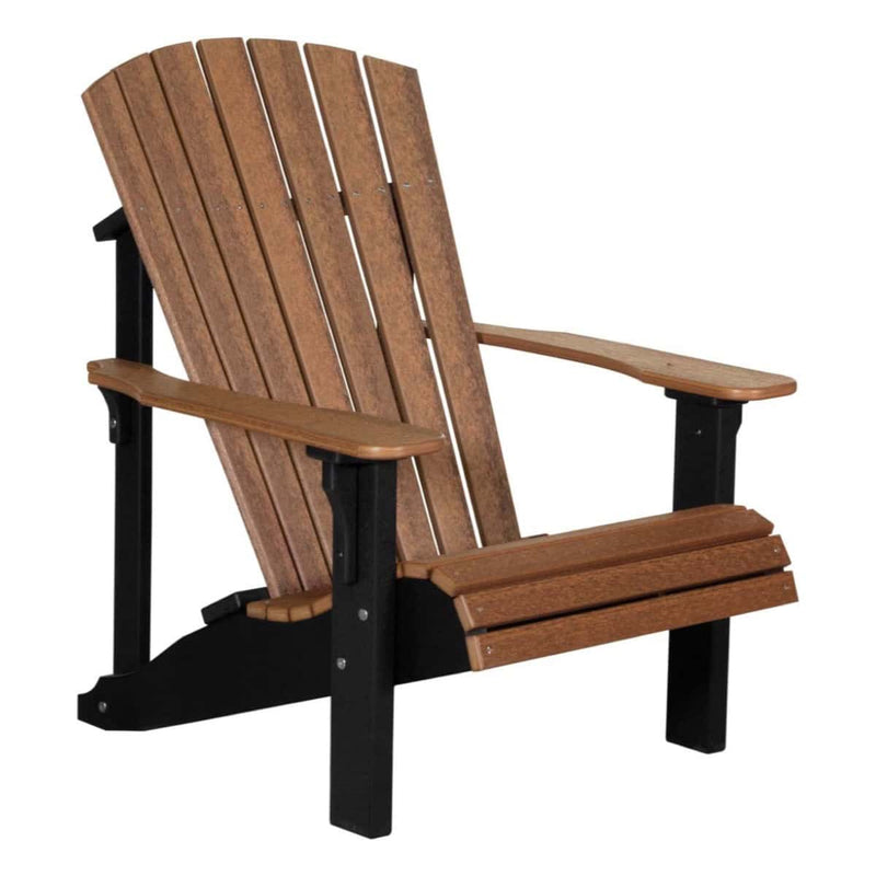 Adirondack chair with brown slats and black frame on a white background