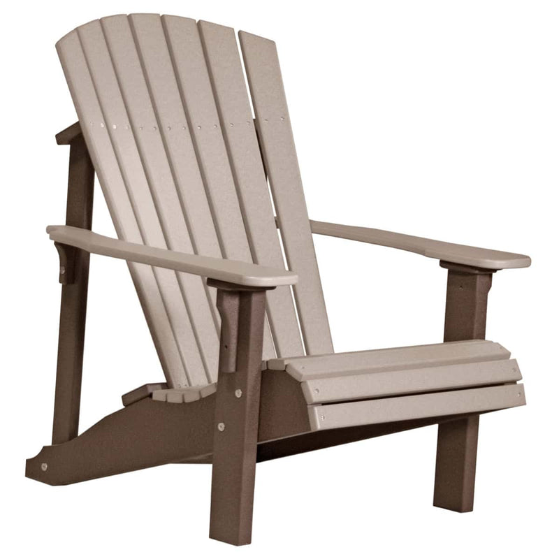 Polywood Adirondack chair with a beige seat and brown frame on a white background