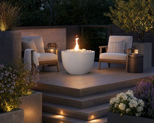 Element natural lightweight concrete firepit with ivory beach stones on an elevated wooden patio with two teak chairs surrounded by potted plants and flowers. 