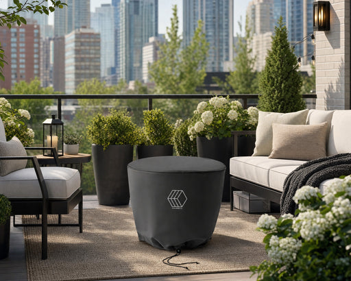 An element fire pit covered with a vinyl cover on a patio in the city.  The patio contains a seating area that is decorated with potted plants and flowers.  