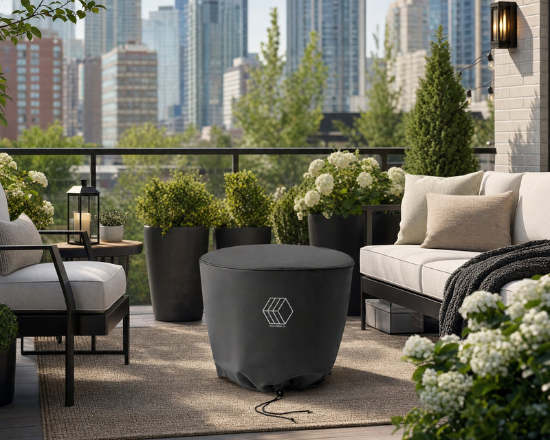 An element fire pit covered with a vinyl cover on a patio in the city.  The patio contains a seating area that is decorated with potted plants and flowers.  