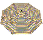 Yellow and blue striped patio umbrella on a white background