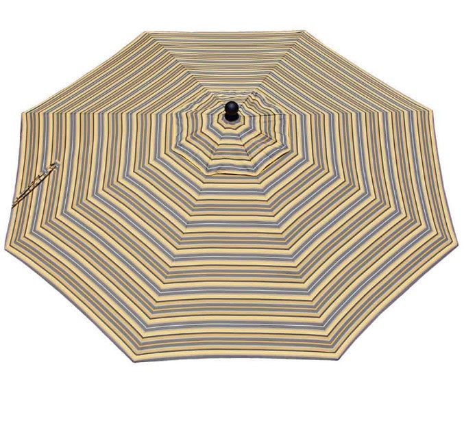 Yellow and blue striped patio umbrella on a white background