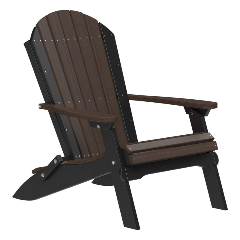 Adirondack chair with brown seat and backrest with a black frame 
on a white background