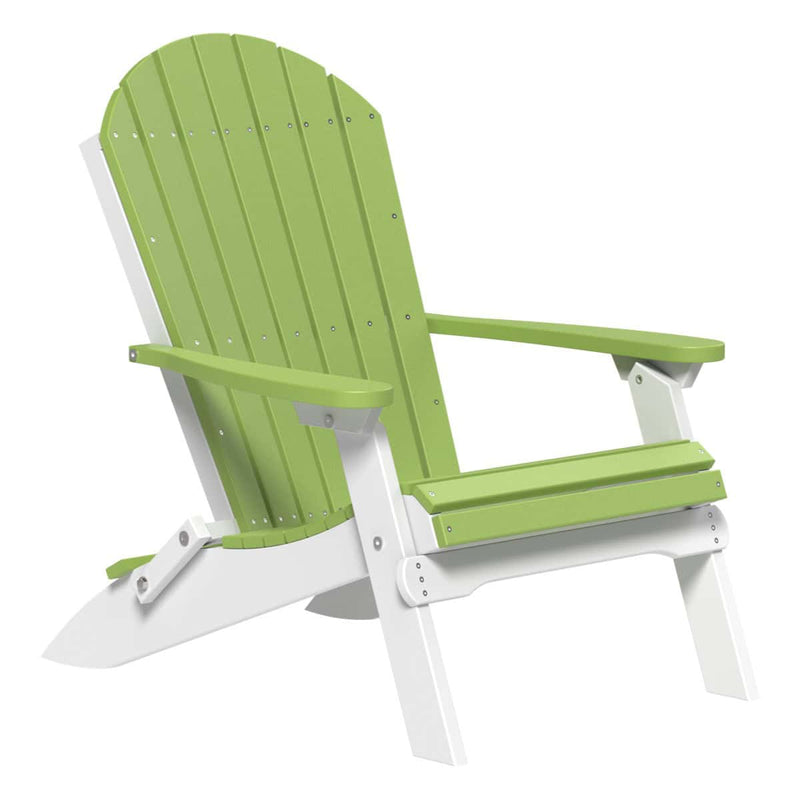 Green and white Adirondack chair on a white background