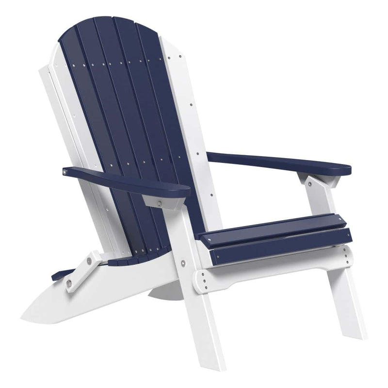 Blue and white Adirondack chair on a white background