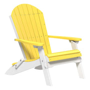 Yellow and white Adirondack chair on a white background