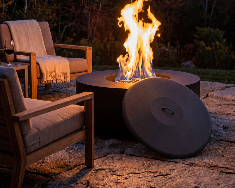 HPC 48-inch aluminum fire pit cover resting next to an aluminum fire pit on a stone patio with teak seating.  