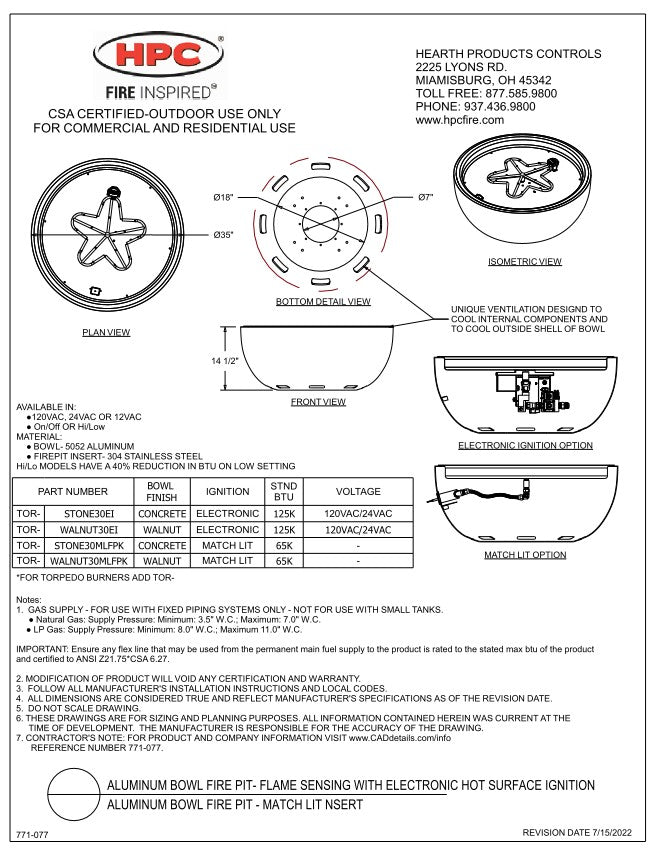 HPC - 35" Spun Aluminum Fire Bowl - Match Lit