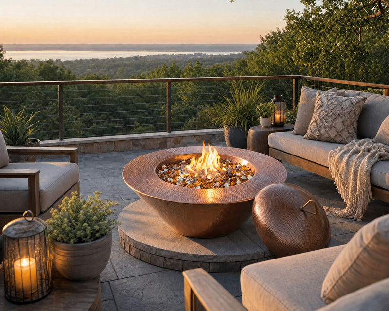 Mesa 32-nch fire bowl with the matching fire bowl cover on an elevated stone patio with teak seating and lake views.  