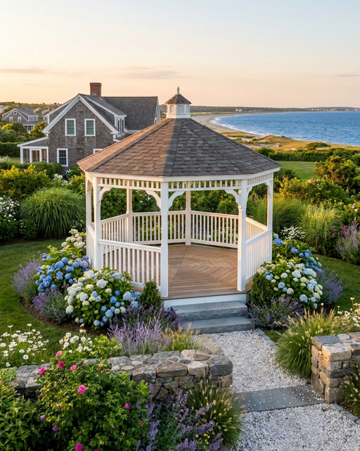 Wooden octagon gazebo in garden near the ocean.