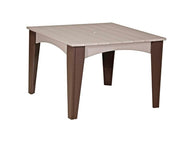 A square outdoor dining table with a light beige slatted top and dark brown legs, shown on a plain white background.