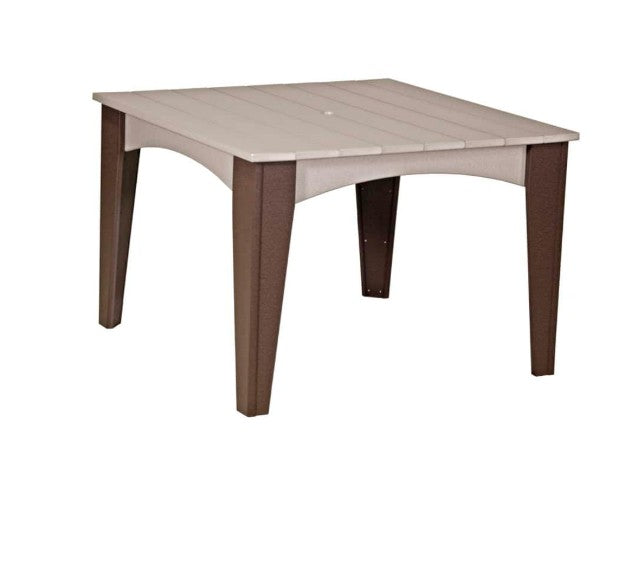 A square outdoor dining table with a light beige slatted top and dark brown legs, shown on a plain white background.