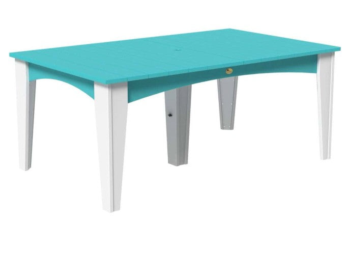 A rectangular table with a bright turquoise tabletop and white legs, shown on a plain white background.