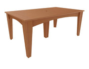 A rectangular table with a warm medium-brown finish, featuring four legs and a small round hole in the top surface, isolated on a white background.