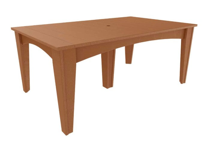 A rectangular table with a warm medium-brown finish, featuring four legs and a small round hole in the top surface, isolated on a white background.