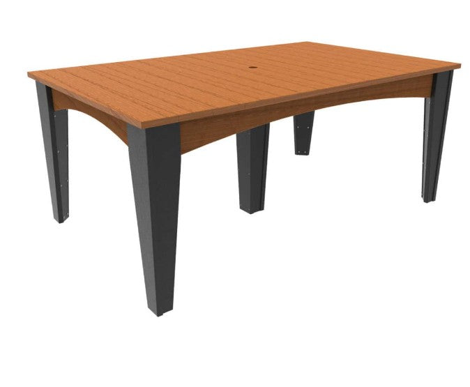A rectangular outdoor dining table with a warm brown wood-look top and dark gray angled legs, shown on a plain white background.