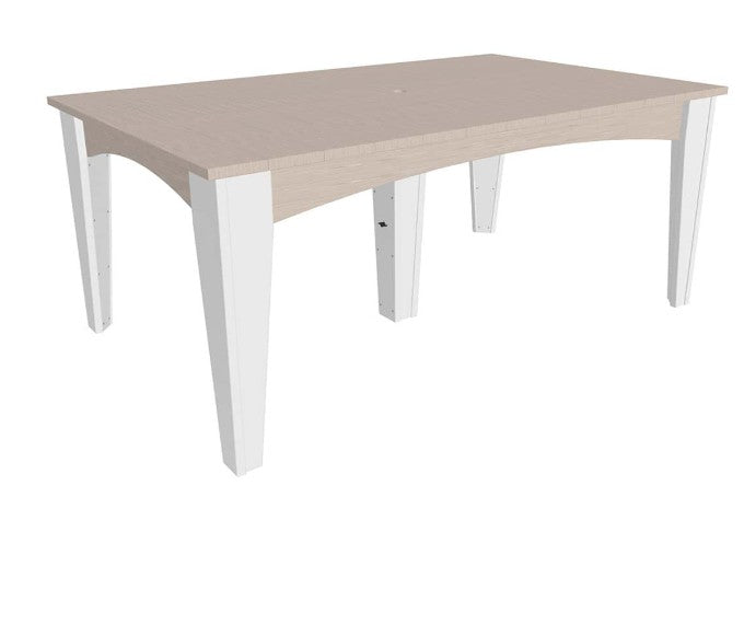 A modern rectangular dining table with a light beige wood-grain top and white legs, shown on a plain white background.