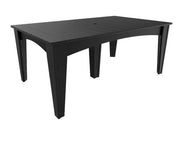 A black rectangular outdoor dining table with a thick slatted top, four angled legs, and a central hole for an umbrella, shown on a plain white background.