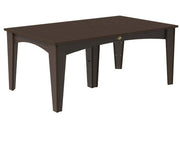 A dark brown rectangular table with a wood-grain finish and four sturdy legs, shown from a three-quarters angle on a plain white background.