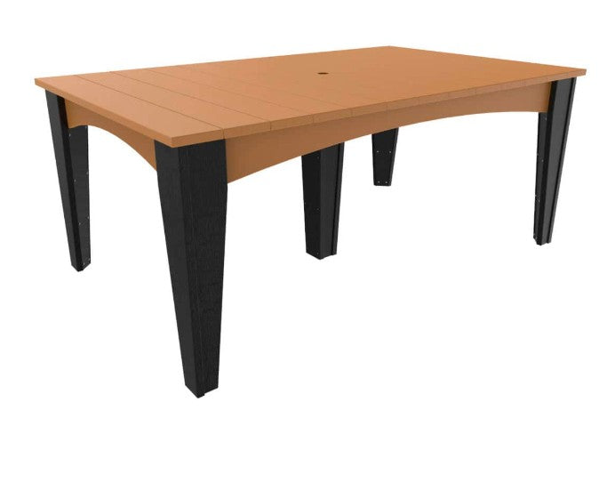 A rectangular outdoor table with a warm tan composite-look top and black angled legs, shown on a plain white background.