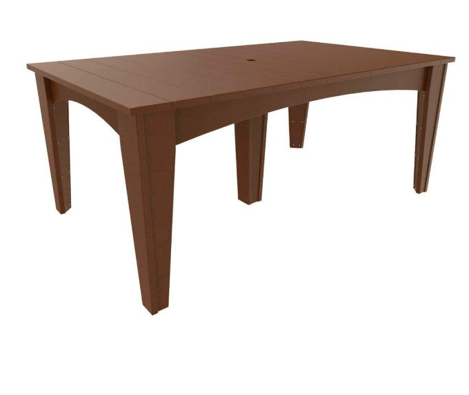 A rectangular outdoor dining table in a warm brown color, featuring a slatted top and four angled legs, shown against a plain white background.