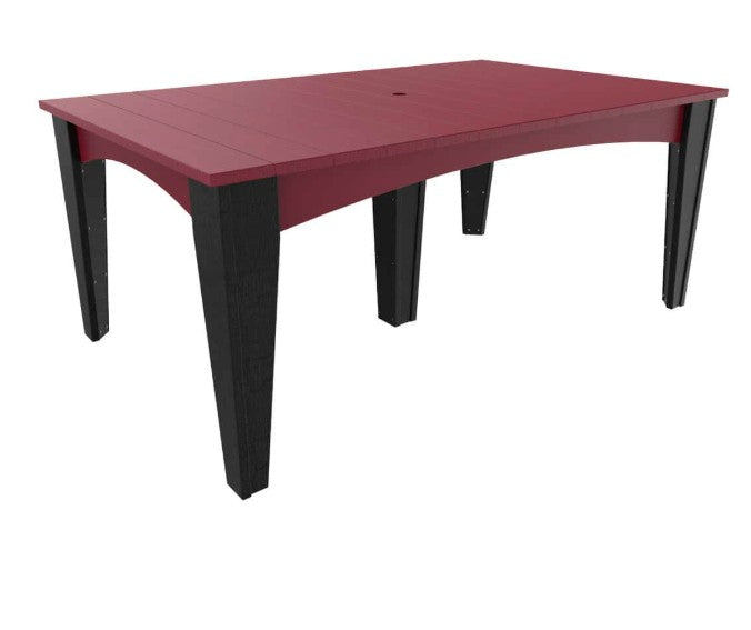 A rectangular outdoor table with a dark red top and black legs, shown on a plain white background.