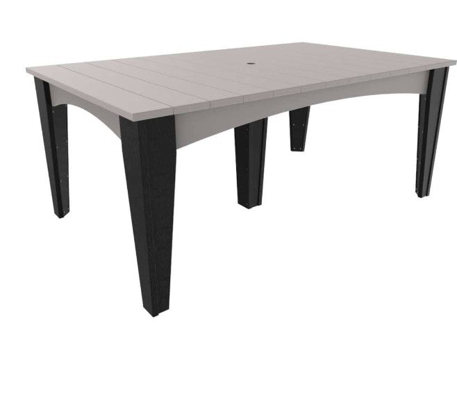 A rectangular outdoor dining table with a light gray slatted top and dark charcoal gray legs, shown on a plain white background.