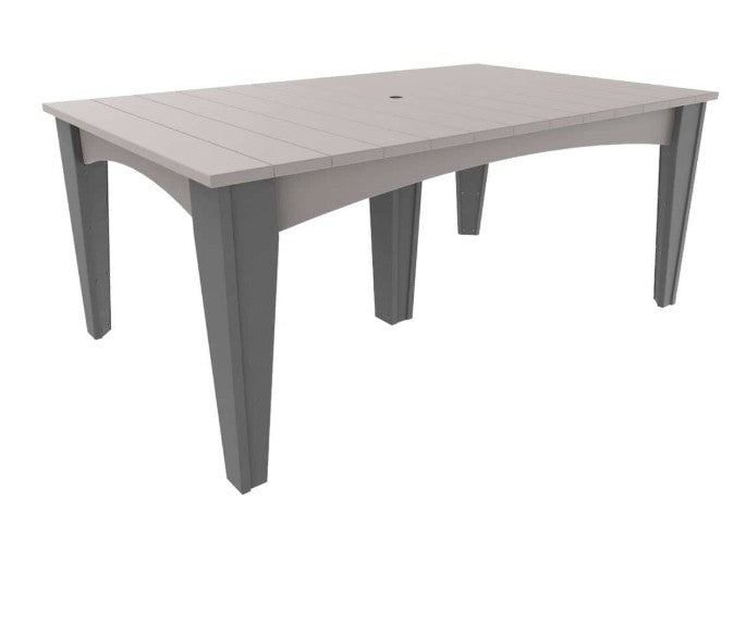 A rectangular outdoor dining table with a light gray slatted top and darker gray legs, shown on a plain white background.