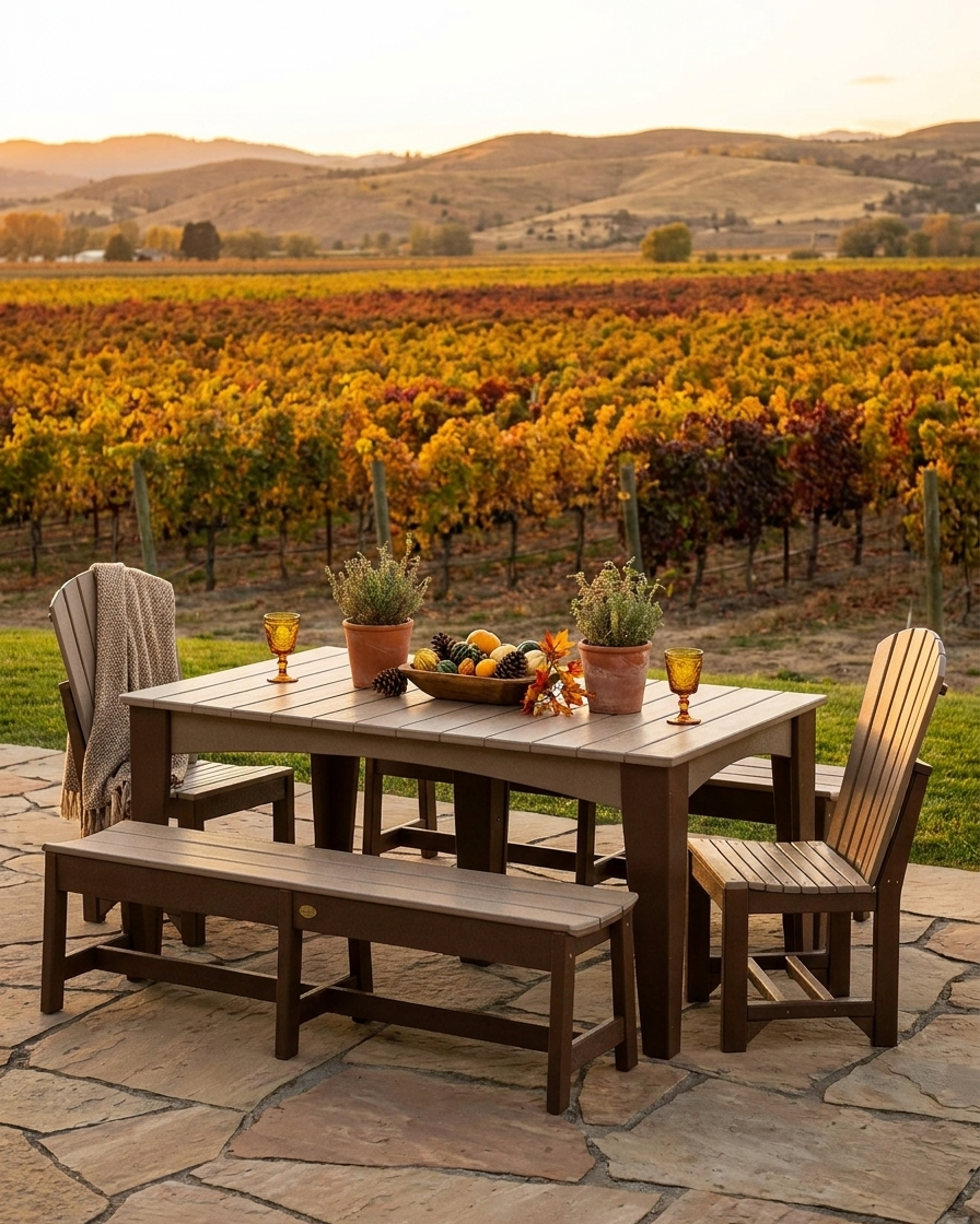 Outdoor dining set on a stone patio with a  table, two chairs, and a bench, set against a vineyard landscape at sunset.