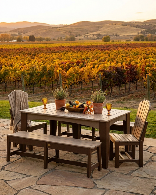 Outdoor dining set on a stone patio with a  table, two chairs, and a bench, set against a vineyard landscape at sunset.