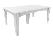 A white rectangular outdoor dining table with a slatted top and four angled legs, shown on a plain white background.