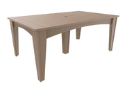 A rectangular outdoor dining table in a light taupe finish, featuring a slatted top and four angled legs, shown against a plain white background.