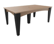 A rectangular outdoor dining table with a light beige composite-look top and black legs, shown on a plain white background.